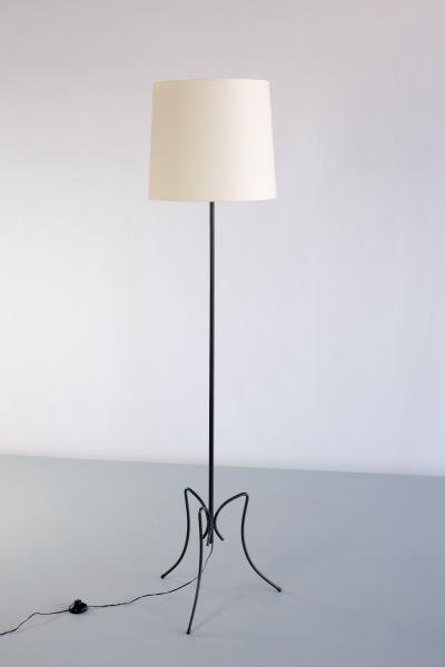 French Modern Three Legged Floor Lamp Black Iron and Ivory Shade 1950s