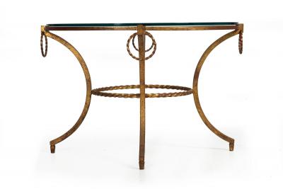French Modernist Gilded Wrought Iron Glass Coffee Accent Table ca 1950s