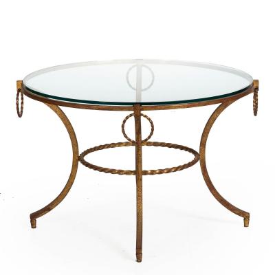 French Modernist Gilded Wrought Iron Glass Coffee Accent Table ca 1950s