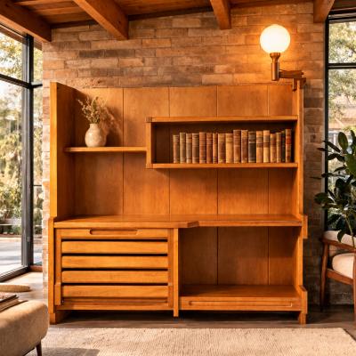 French Modernist Oak Bar Cabinet Bookshelf by Guillerme and Chambron