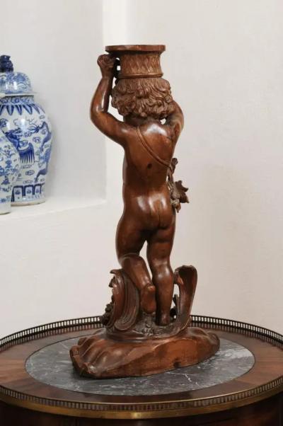 French Napol on III 1860s Carved Walnut Sculpture of a Putto Carrying a Vessel