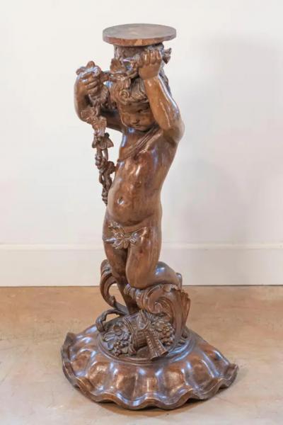 French Napol on III 1860s Carved Walnut Sculpture of a Putto Carrying a Vessel
