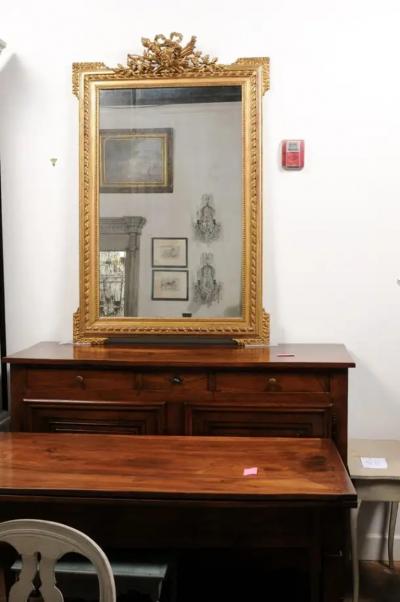 French Napol on III 1870s Carved Giltwood Mirror with Hunting Trophy Crest