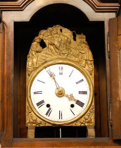 French Napol on III Carved Walnut Long Case Clock with Brass Farming Scene