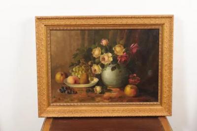 French Napoleon III 1860s Still Life Oil Painting Depicting Roses and Fruits