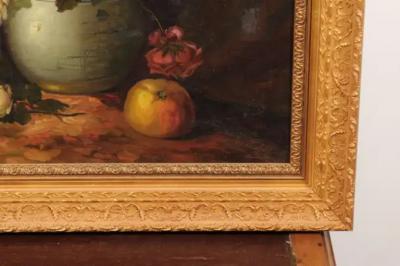 French Napoleon III 1860s Still Life Oil Painting Depicting Roses and Fruits
