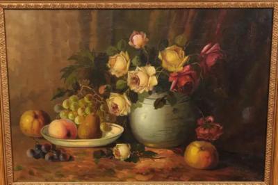 French Napoleon III 1860s Still Life Oil Painting Depicting Roses and Fruits
