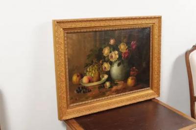 French Napoleon III 1860s Still Life Oil Painting Depicting Roses and Fruits