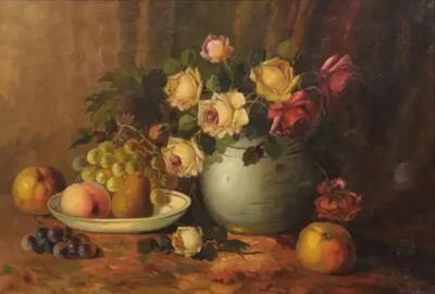 French Napoleon III 1860s Still Life Oil Painting Depicting Roses and Fruits