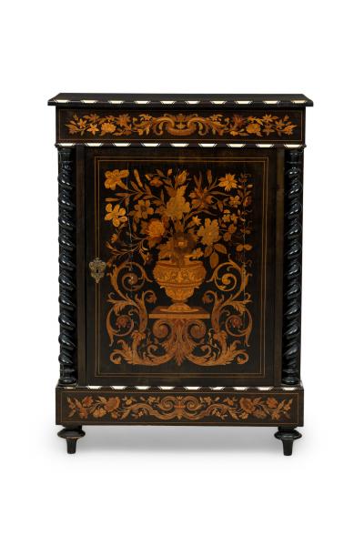 French Napoleon III Bone and Wood Floral Inlaid Credenza Cabinet