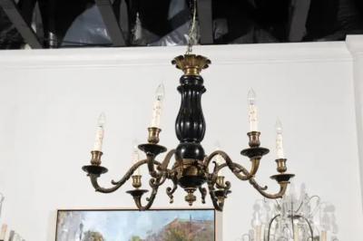 French Napoleon III Period 1860s Ebonized Wood and Bronze Six Light Chandelier