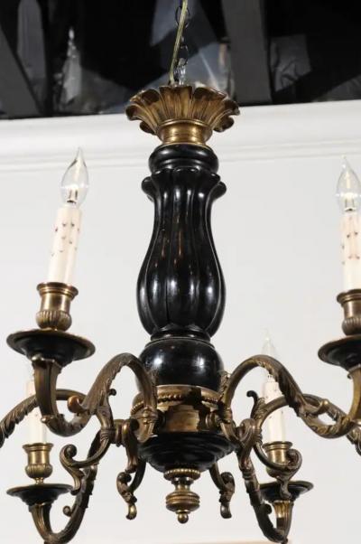 French Napoleon III Period 1860s Ebonized Wood and Bronze Six Light Chandelier