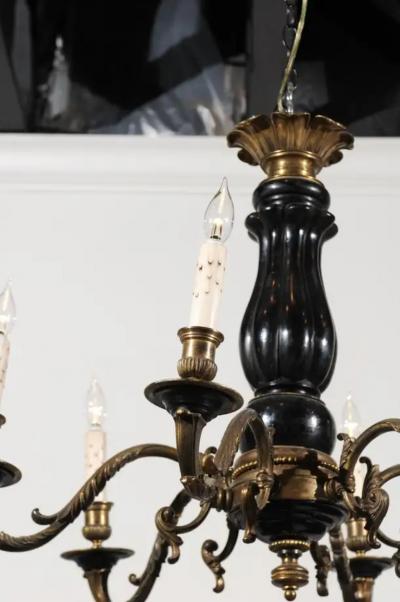 French Napoleon III Period 1860s Ebonized Wood and Bronze Six Light Chandelier