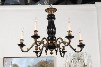 French Napoleon III Period 1860s Ebonized Wood and Bronze Six Light Chandelier
