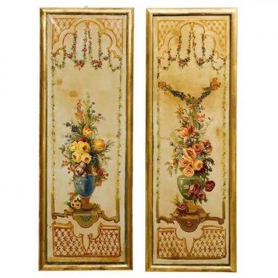French Napoleon III Period Painted Decorative Panels with Bouquets circa 1860