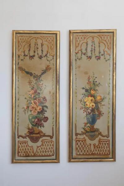 French Napoleon III Period Painted Decorative Panels with Bouquets circa 1860