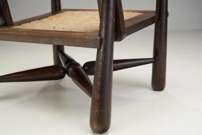 French Natural Wood and Woven Rope Armchair France 1950s