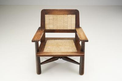 French Natural Wood and Woven Rope Armchair France 1950s