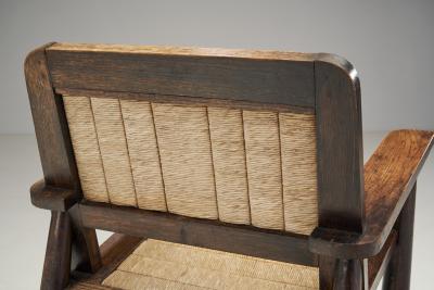 French Natural Wood and Woven Rope Armchair France 1950s