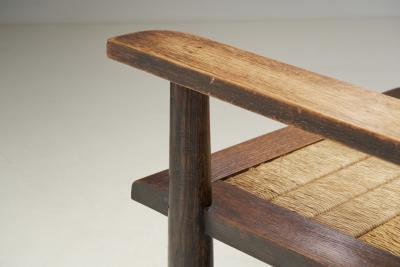 French Natural Wood and Woven Rope Armchair France 1950s