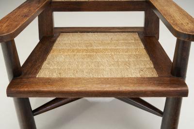 French Natural Wood and Woven Rope Armchair France 1950s