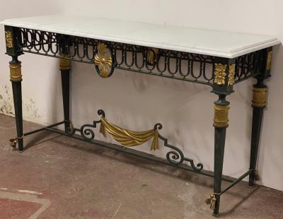 French Neo classical gold leaf metal patinated console with a marble top