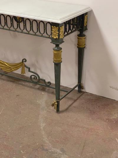 French Neo classical gold leaf metal patinated console with a marble top