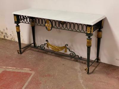 French Neo classical gold leaf metal patinated console with a marble top