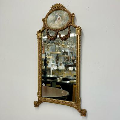 French Neoclassical Style Giltwood Wall Console Mirror with Oval Artwork