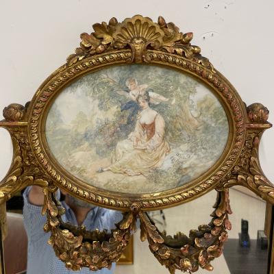 French Neoclassical Style Giltwood Wall Console Mirror with Oval Artwork