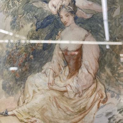 French Neoclassical Style Giltwood Wall Console Mirror with Oval Artwork