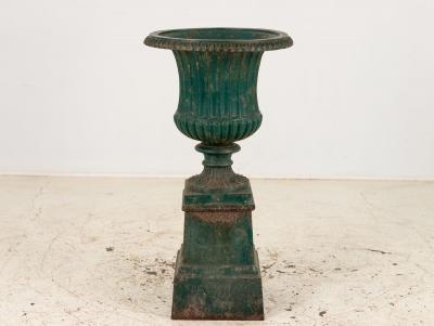 French Neoclassical Style Green Cast Iron Urn on Stand Mid 20th C 