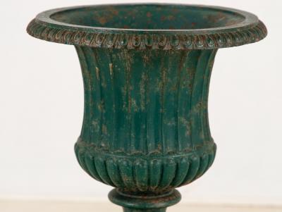 French Neoclassical Style Green Cast Iron Urn on Stand Mid 20th C 
