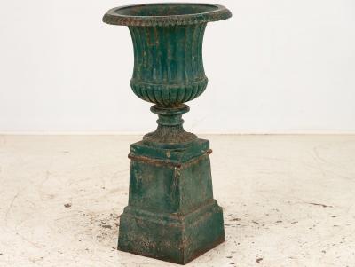 French Neoclassical Style Green Cast Iron Urn on Stand Mid 20th C 