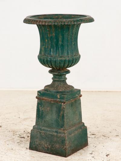 French Neoclassical Style Green Cast Iron Urn on Stand Mid 20th C 
