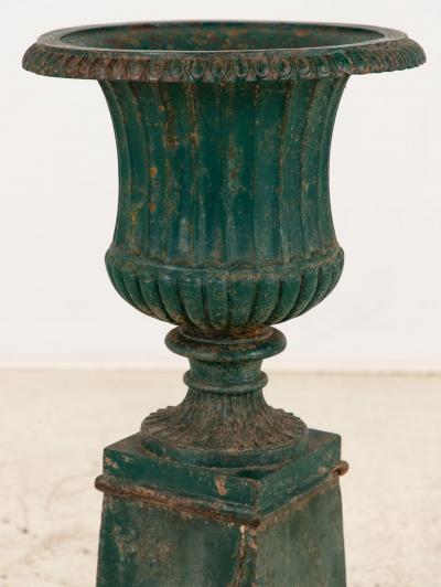 French Neoclassical Style Green Cast Iron Urn on Stand Mid 20th C 