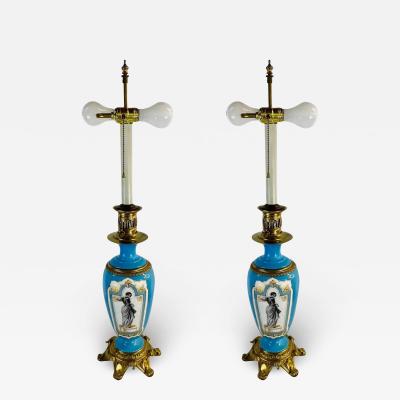 French Neoclassical Style Porcelain Brass Converted Oil Lamp a Pair