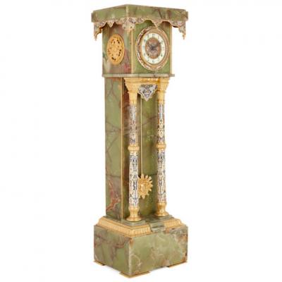 French Neoclassical style enamel onyx and gilt bronze pedestal clock