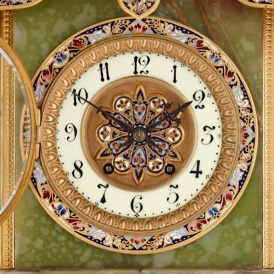 French Neoclassical style enamel onyx and gilt bronze pedestal clock