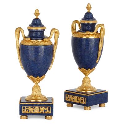 French Neoclassical style lapis and gilt bronze clock set