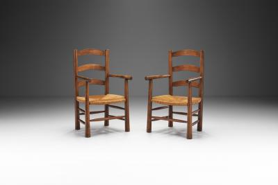 French Oak Armchairs with Woven Rush Seat France 1950s