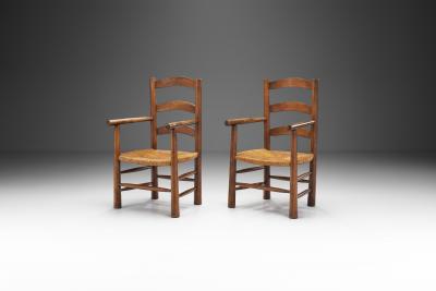 French Oak Armchairs with Woven Rush Seat France 1950s