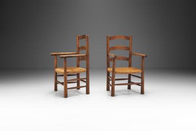 French Oak Armchairs with Woven Rush Seat France 1950s