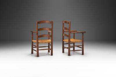 French Oak Armchairs with Woven Rush Seat France 1950s