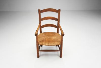 French Oak Armchairs with Woven Rush Seat France 1950s