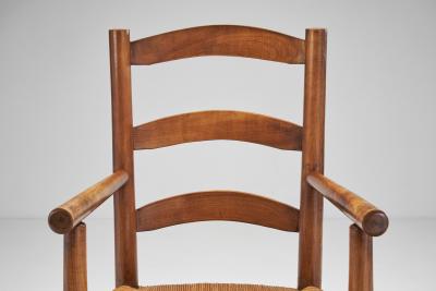 French Oak Armchairs with Woven Rush Seat France 1950s