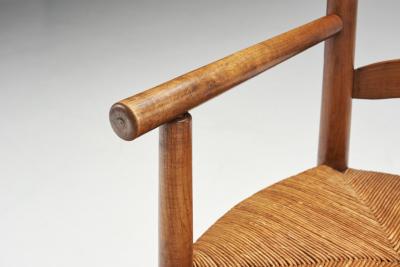French Oak Armchairs with Woven Rush Seat France 1950s