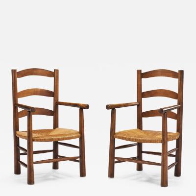 French Oak Armchairs with Woven Rush Seat France 1950s