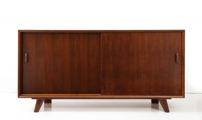 French Oak Sideboard with Sliding Doors Shelves 1950s
