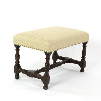 French Oak Upholstered Stool With Turned Stretchers Circa 1860 